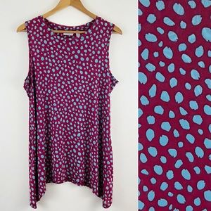 Logo Layers Semi Sheer Raspberry Dot Printed Sleeveless Shark Bite Hem Top